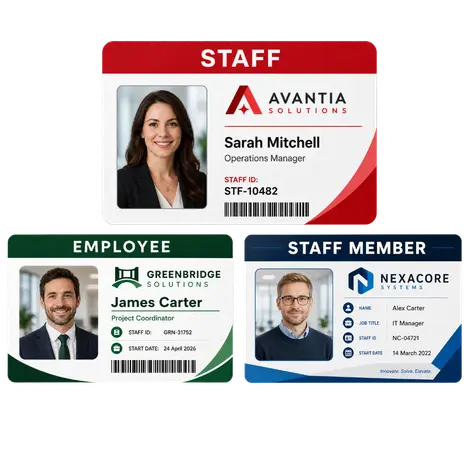 Mockup of a printed staff ID card on a white background with a red header with the text STAFF printed on the plastic id card.